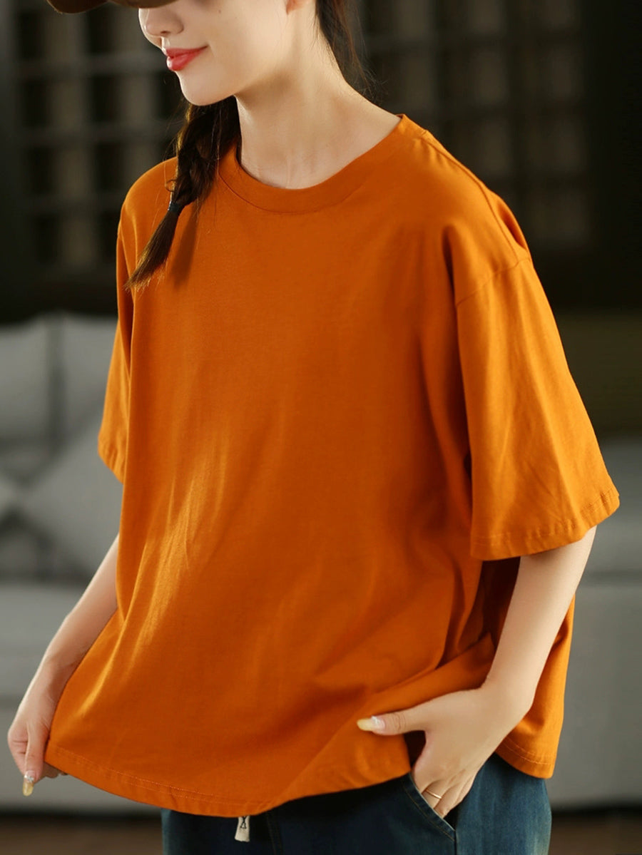 Women Casual Pure Color O-Neck  100%Cotton Shirt