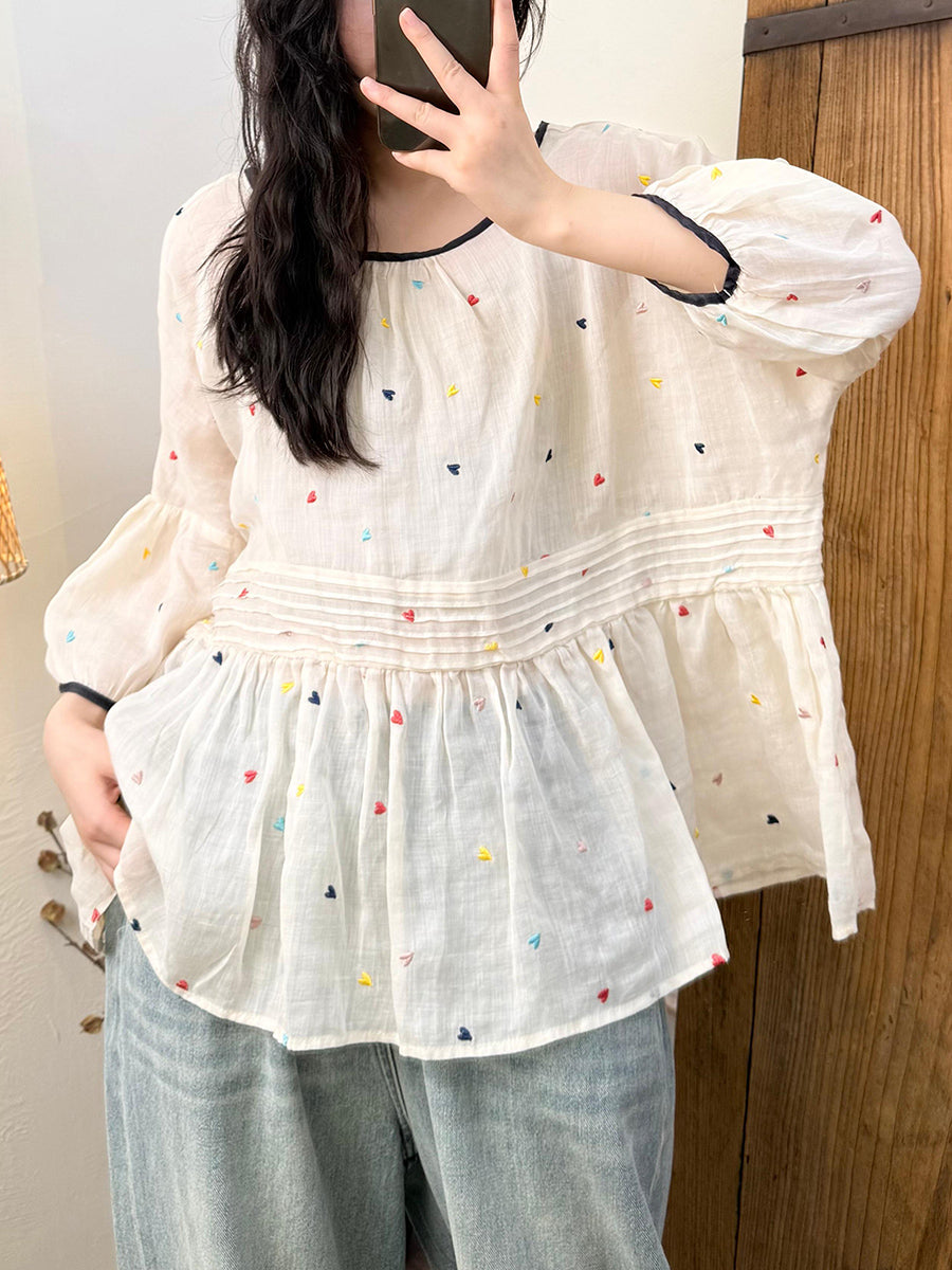 Women Artsy Colorful Dot Ramie O-Neck Dollar Shirt