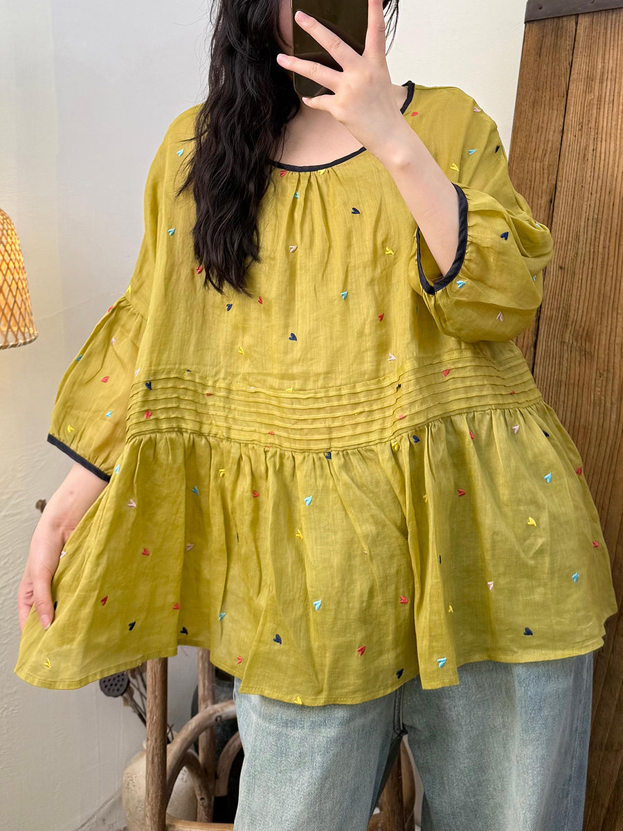 Women Artsy Colorful Dot Ramie O-Neck Dollar Shirt