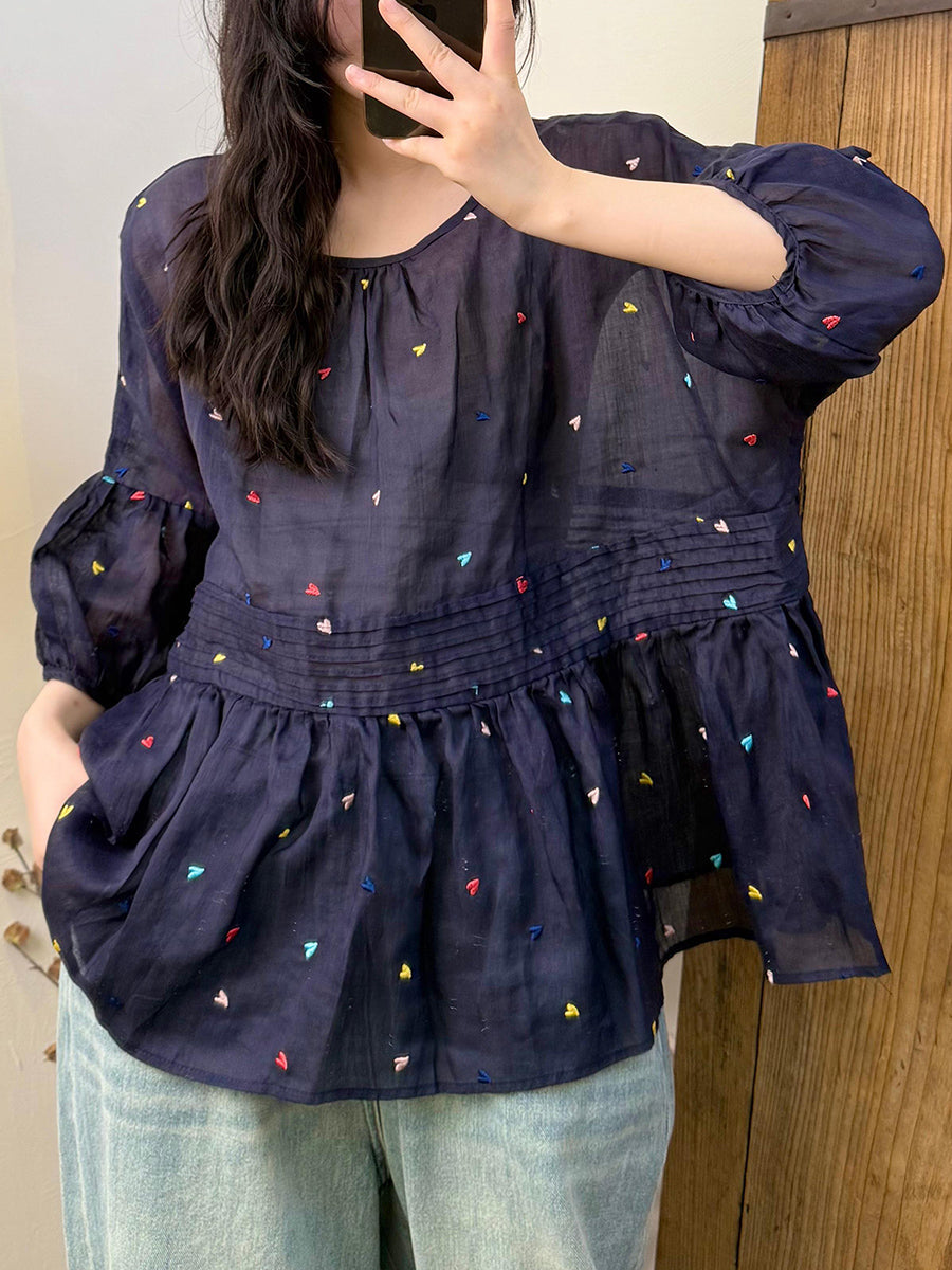 Women Artsy Colorful Dot Ramie O-Neck Dollar Shirt