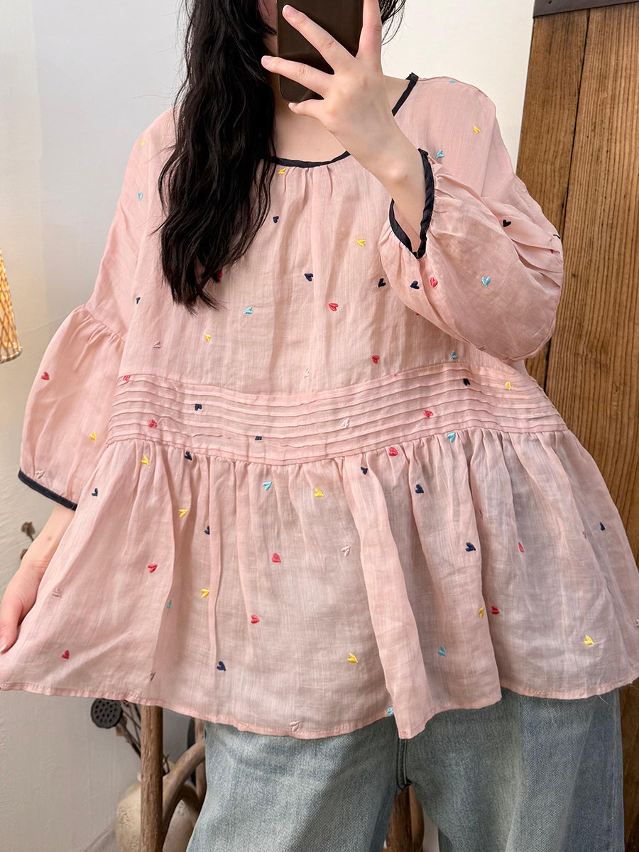 Women Artsy Colorful Dot Ramie O-Neck Dollar Shirt