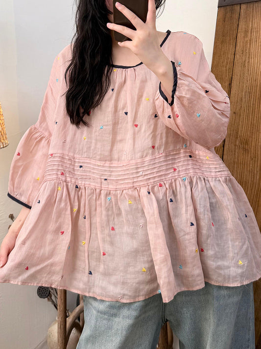 Women Artsy Colorful Dot Ramie O-Neck Dollar Shirt