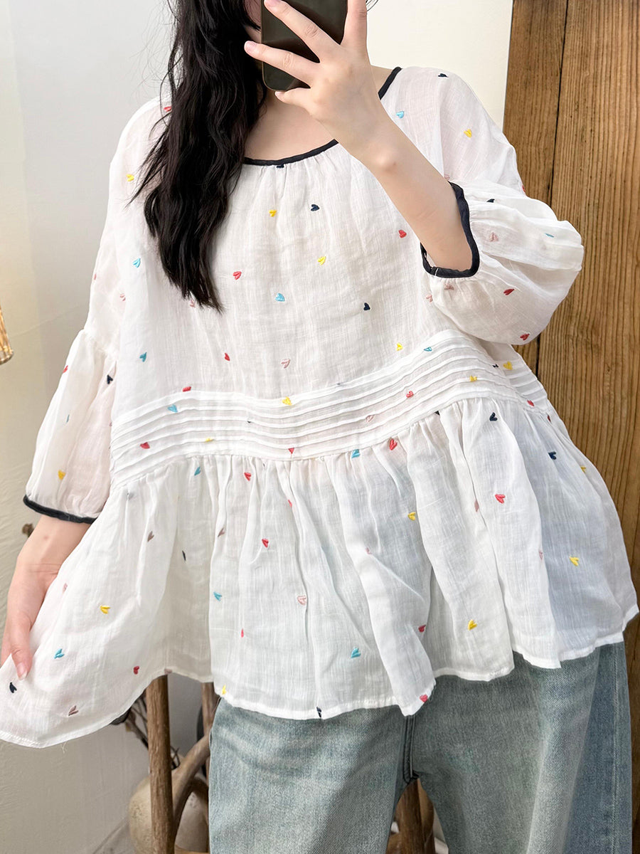 Women Artsy Colorful Dot Ramie O-Neck Dollar Shirt