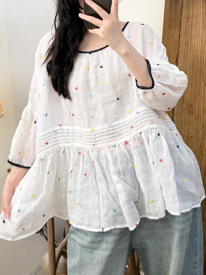 Women Artsy Colorful Dot Ramie O-Neck Dollar Shirt