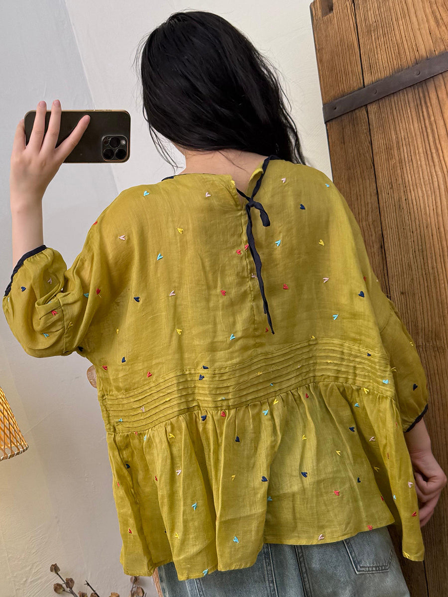 Women Artsy Colorful Dot Ramie O-Neck Dollar Shirt