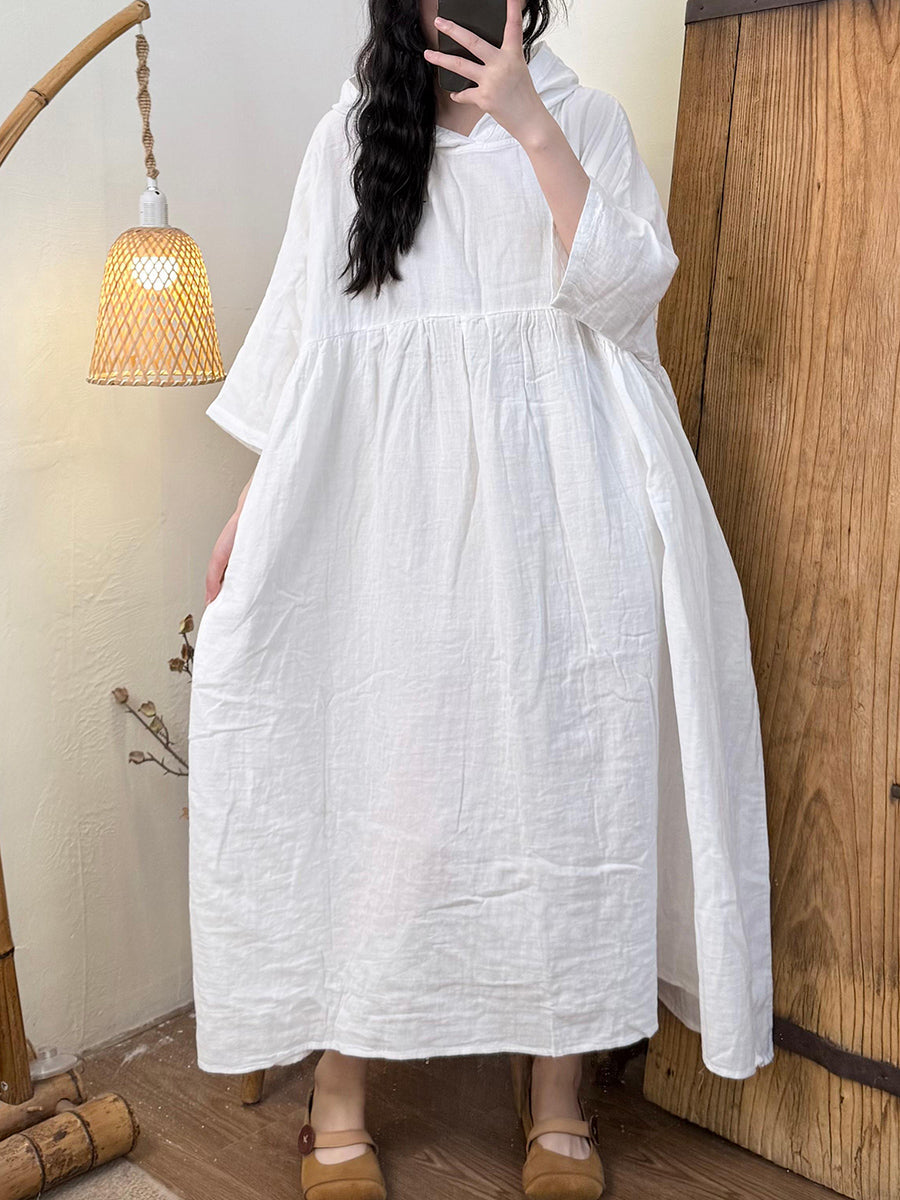 Women Summer Casual Pure Color Hooded Cotton Dress