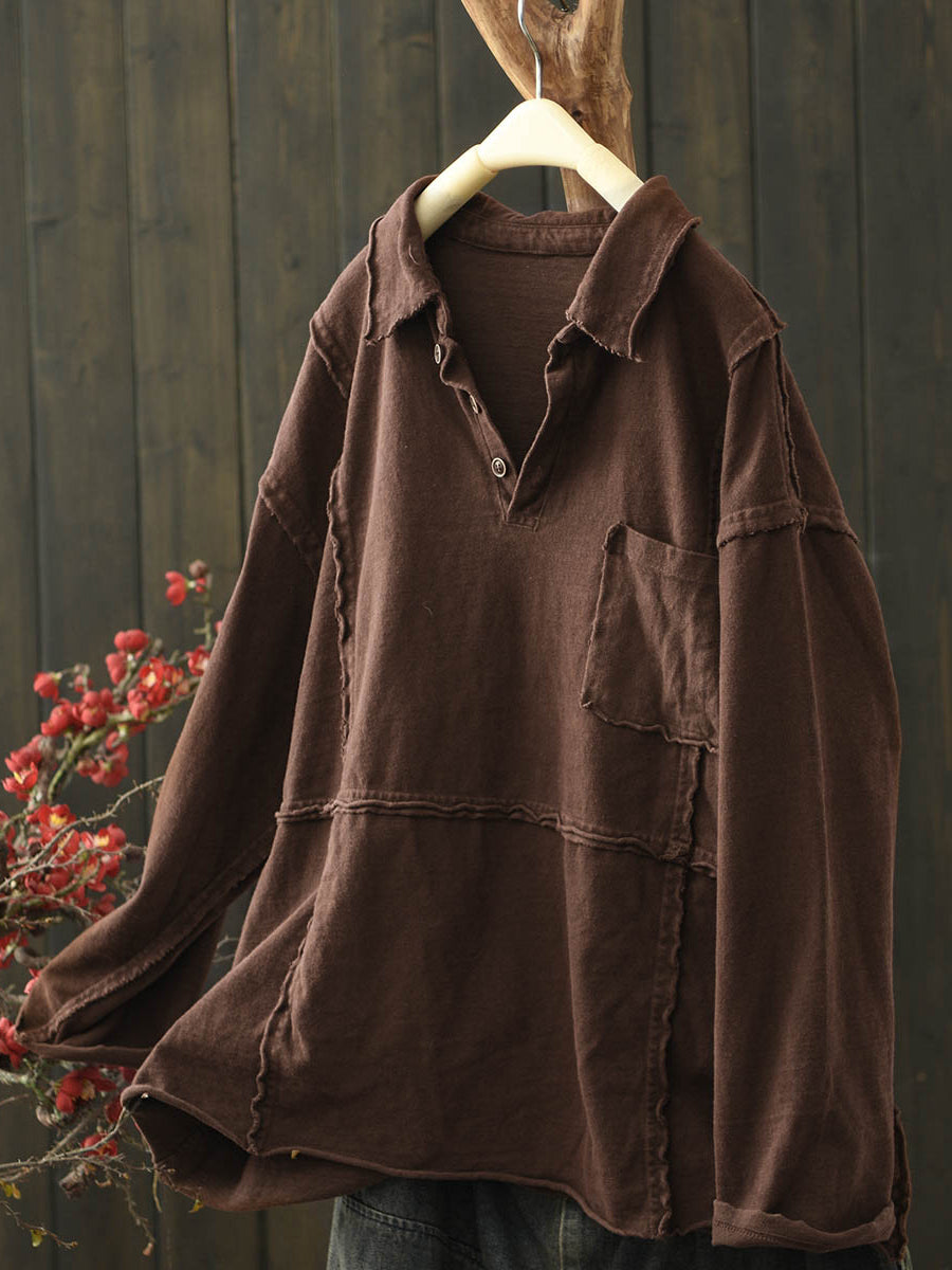 Women Retro Autumn Pure Color Half-open Cotton Shirt