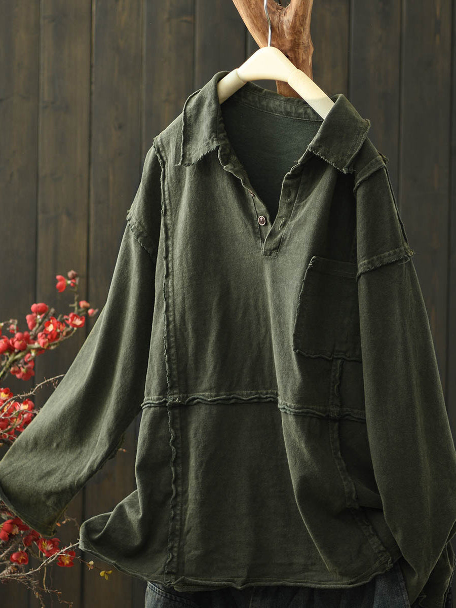 Women Retro Autumn Pure Color Half-open Cotton Shirt