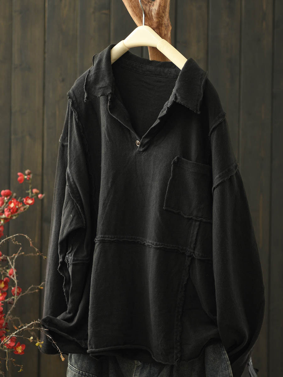 Women Retro Autumn Pure Color Half-open Cotton Shirt