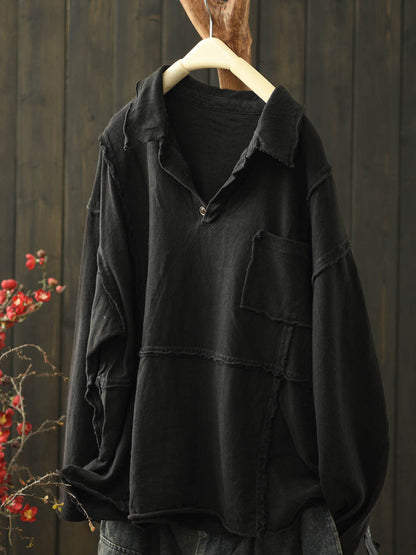 Women Retro Autumn Pure Color Half-open Cotton Shirt