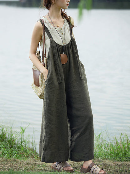 Plus Size Women Summer Retro Pure Color 100%Linen Jumpsuits