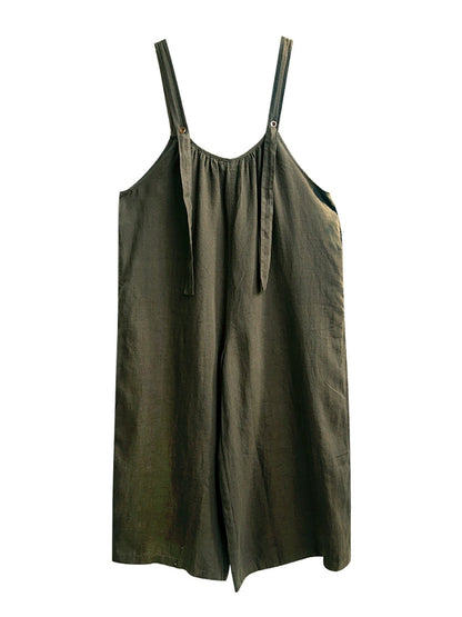 Plus Size Women Summer Retro Pure Color 100%Linen Jumpsuits