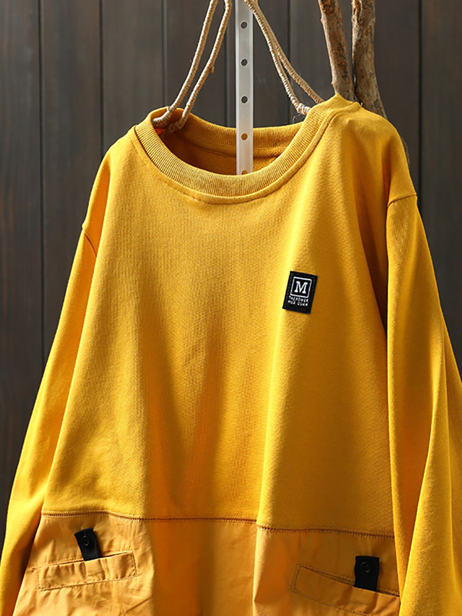 Women Autumn Pure Color Spliced O-Neck 100%Cotton Shirt