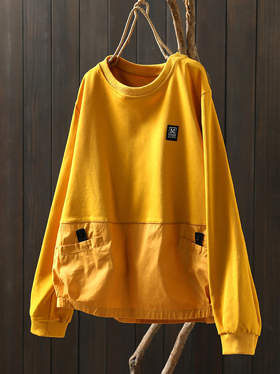 Women Autumn Pure Color Spliced O-Neck 100%Cotton Shirt