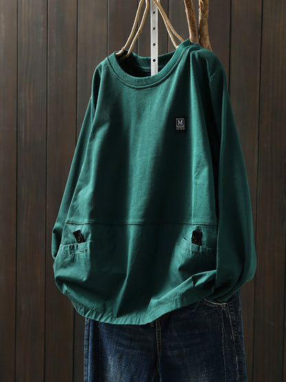 Women Autumn Pure Color Spliced O-Neck 100%Cotton Shirt
