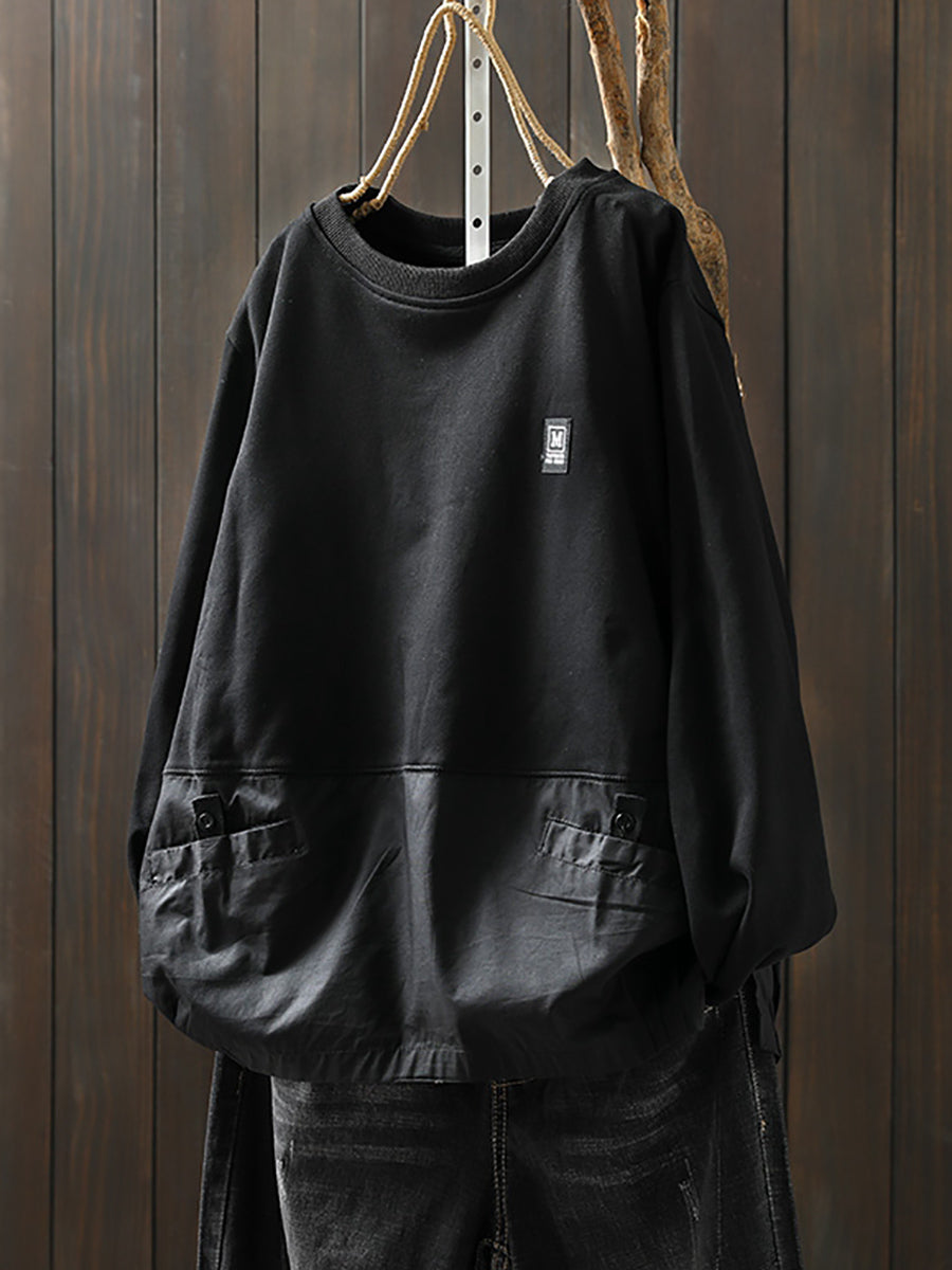 Women Autumn Pure Color Spliced O-Neck 100%Cotton Shirt