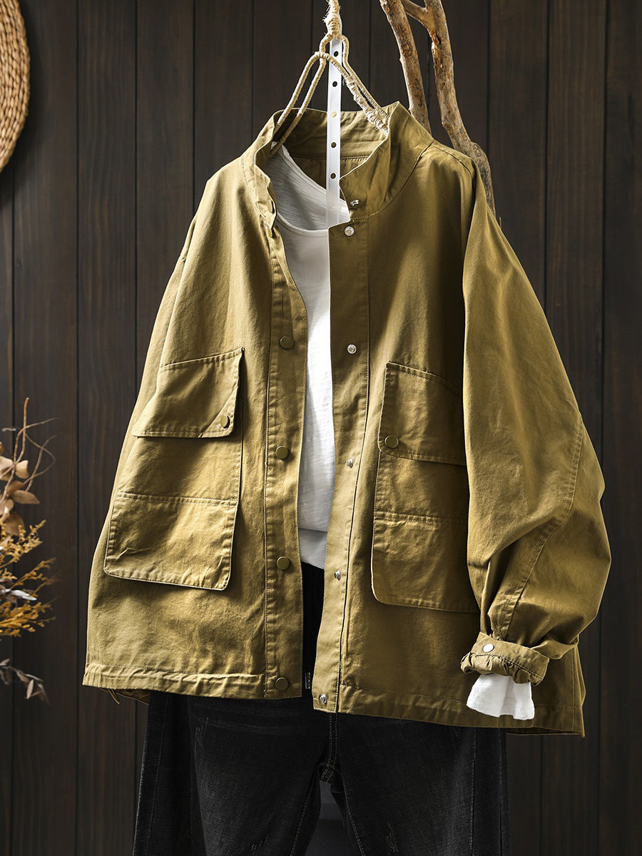 Women Autumn Pure Color Stand Collar Cotton Jacket