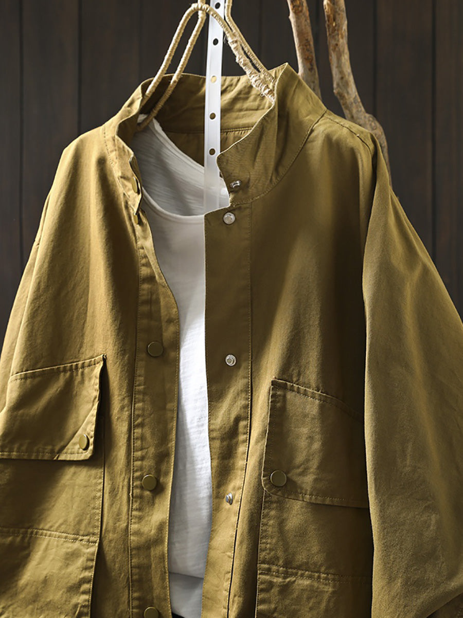 Women Autumn Pure Color Stand Collar Cotton Jacket