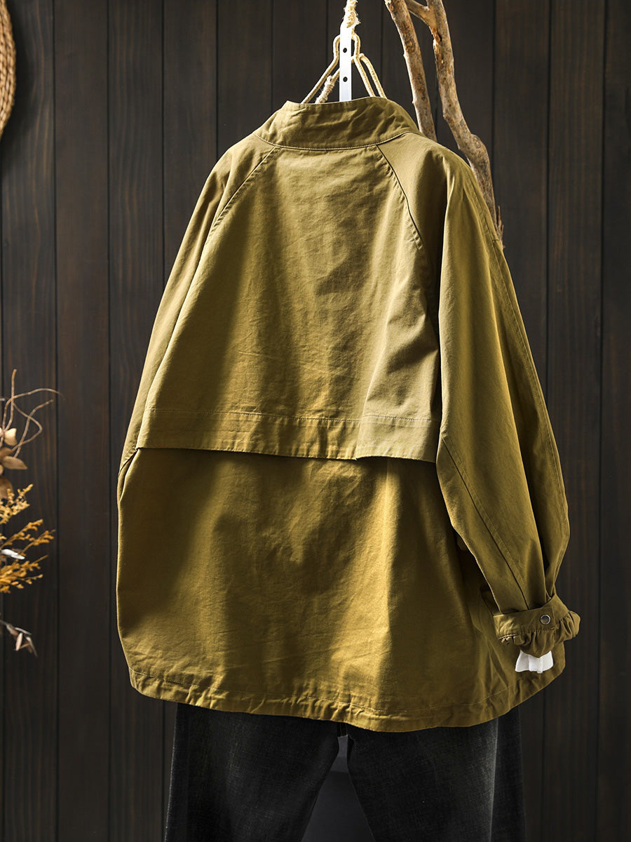 Women Autumn Pure Color Stand Collar Cotton Jacket