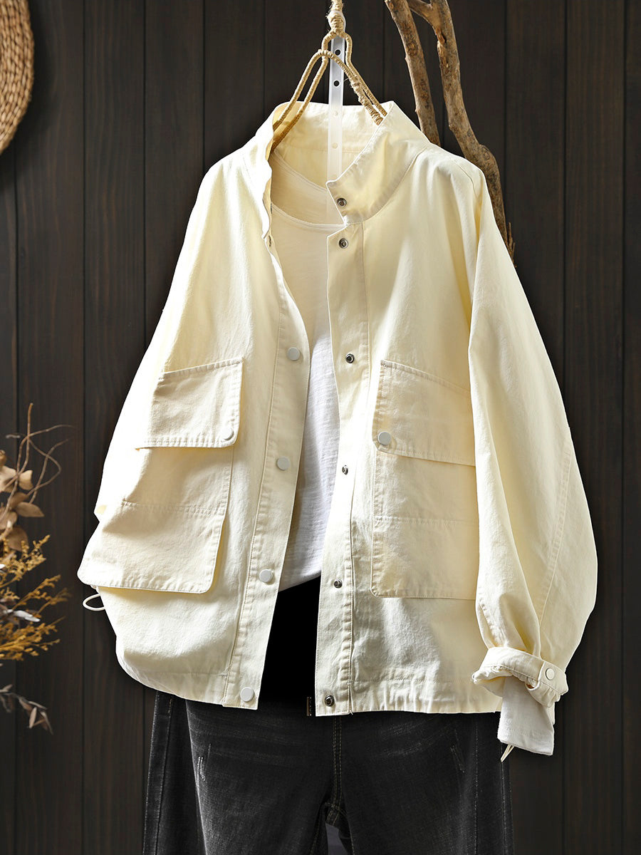 Women Autumn Pure Color Stand Collar Cotton Jacket