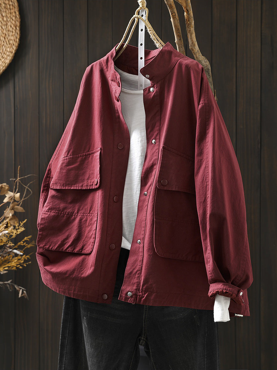 Women Autumn Pure Color Stand Collar Cotton Jacket