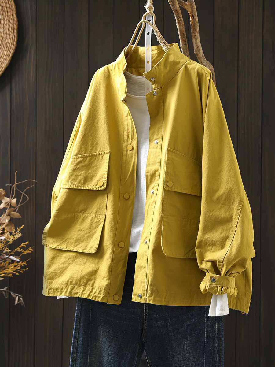 Women Autumn Pure Color Stand Collar Cotton Jacket
