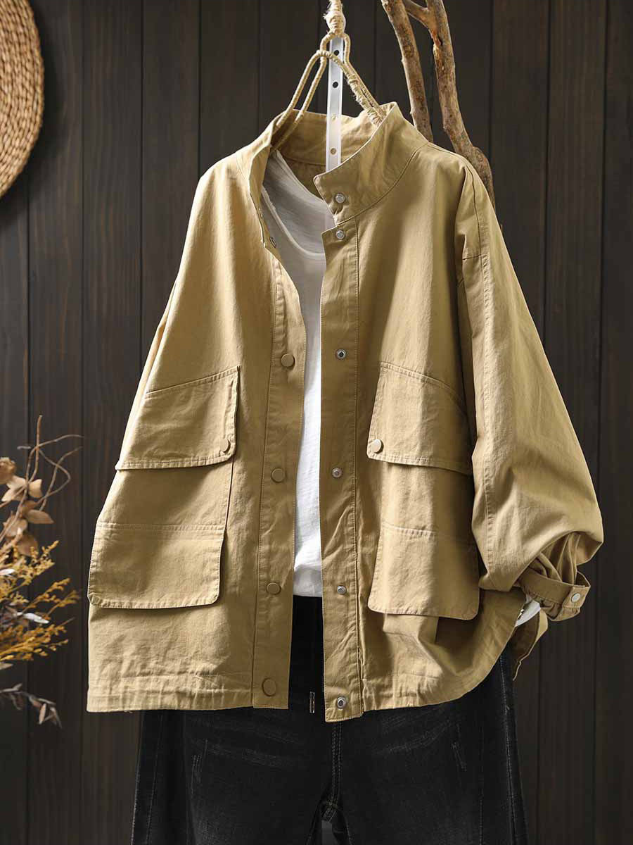 Women Autumn Pure Color Stand Collar Cotton Jacket