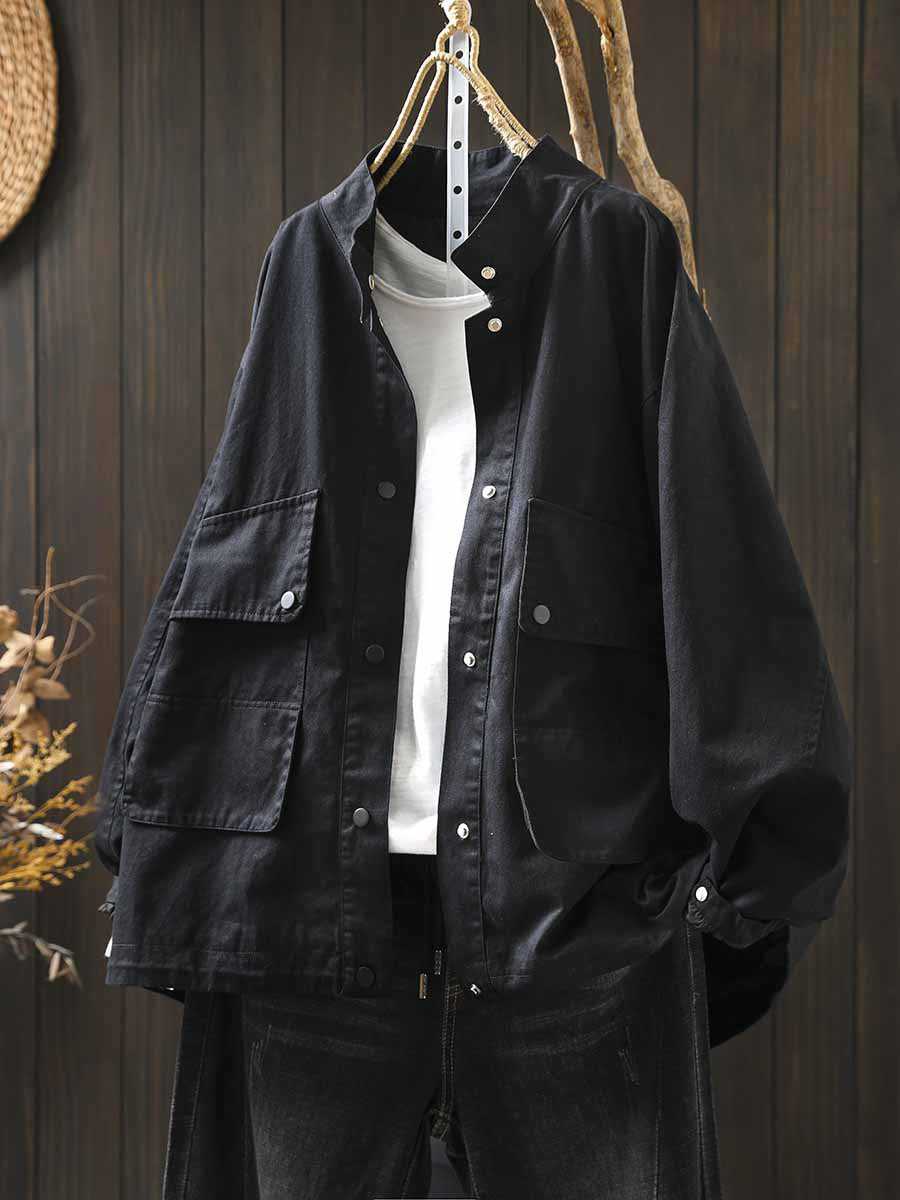 Women Autumn Pure Color Stand Collar Cotton Jacket