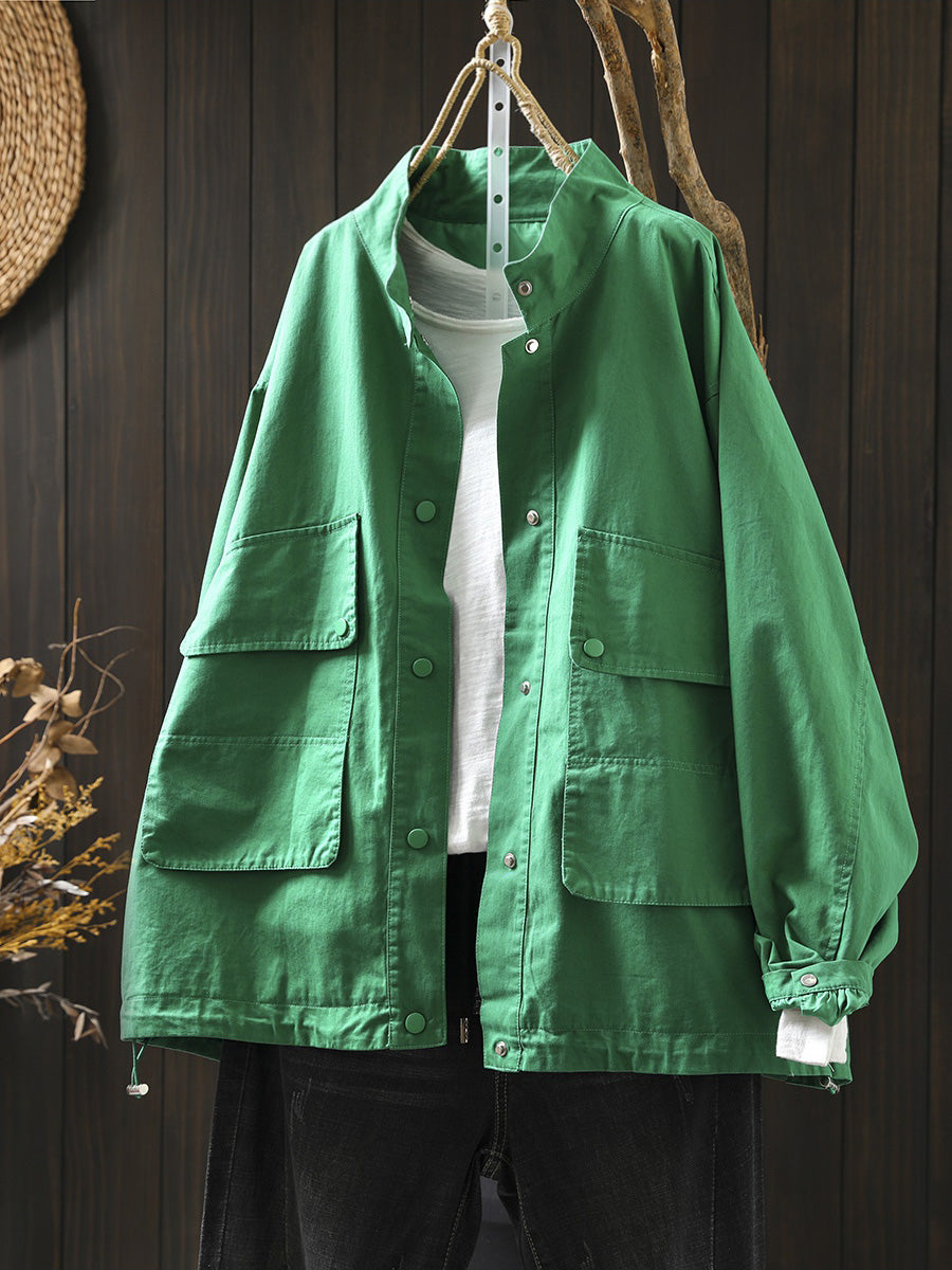 Women Autumn Pure Color Stand Collar Cotton Jacket