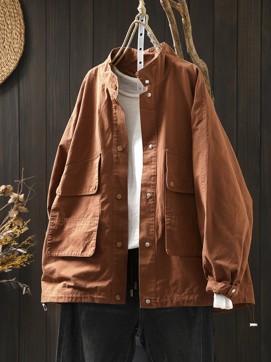 Women Autumn Pure Color Stand Collar Cotton Jacket