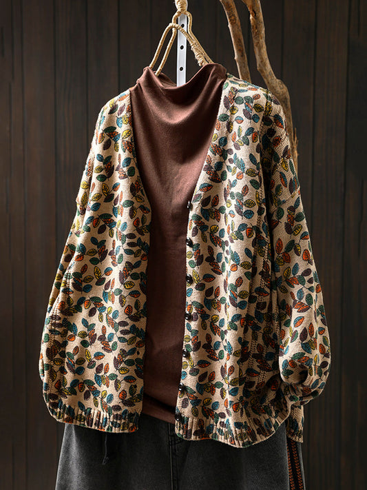 Women Autumn Leaf Knitted V-Neck Cardigan Sweater