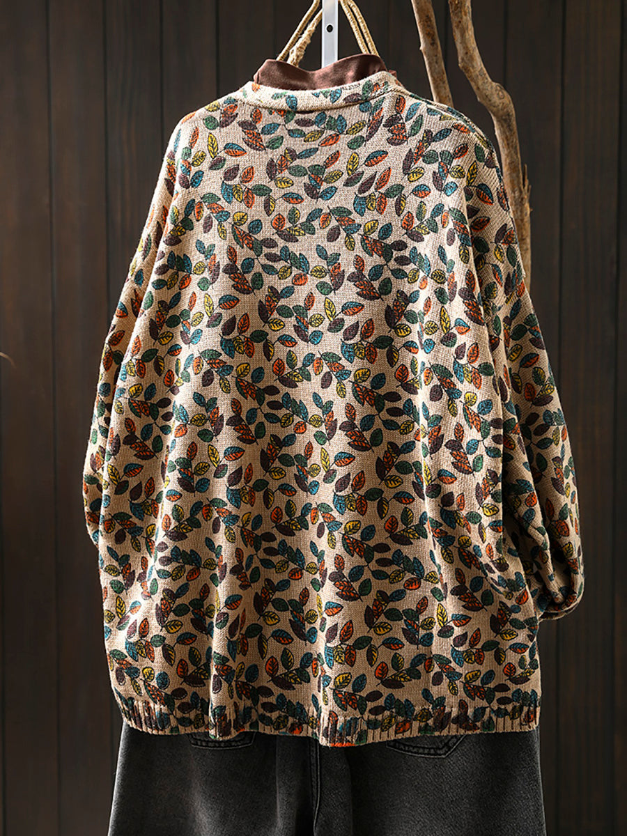 Women Autumn Leaf Knitted V-Neck Cardigan Sweater