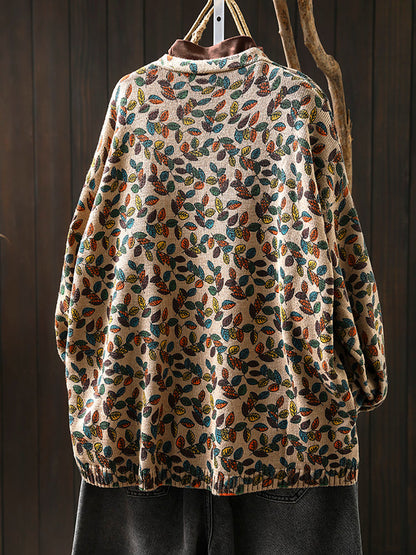 Women Autumn Leaf Knitted V-Neck Cardigan Sweater