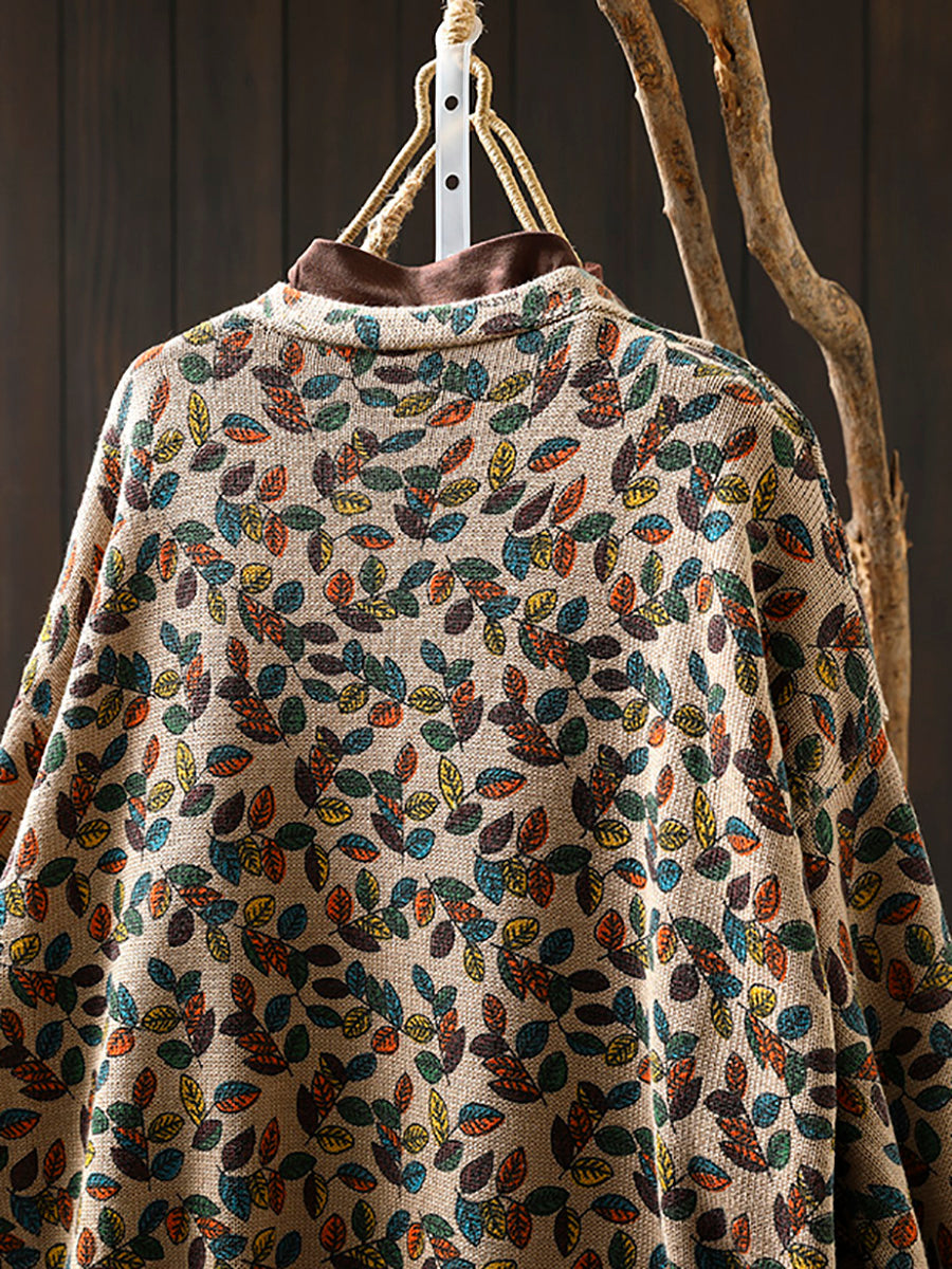 Women Autumn Leaf Knitted V-Neck Cardigan Sweater