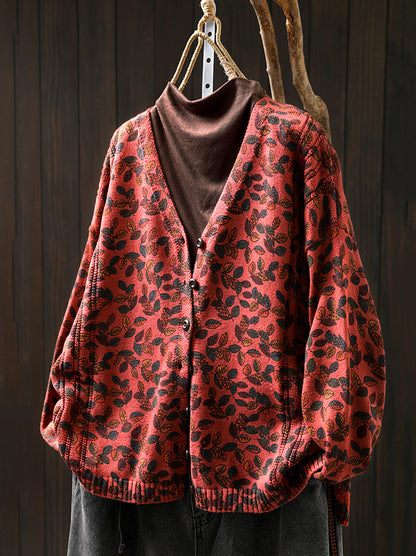 Women Autumn Leaf Knitted V-Neck Cardigan Sweater