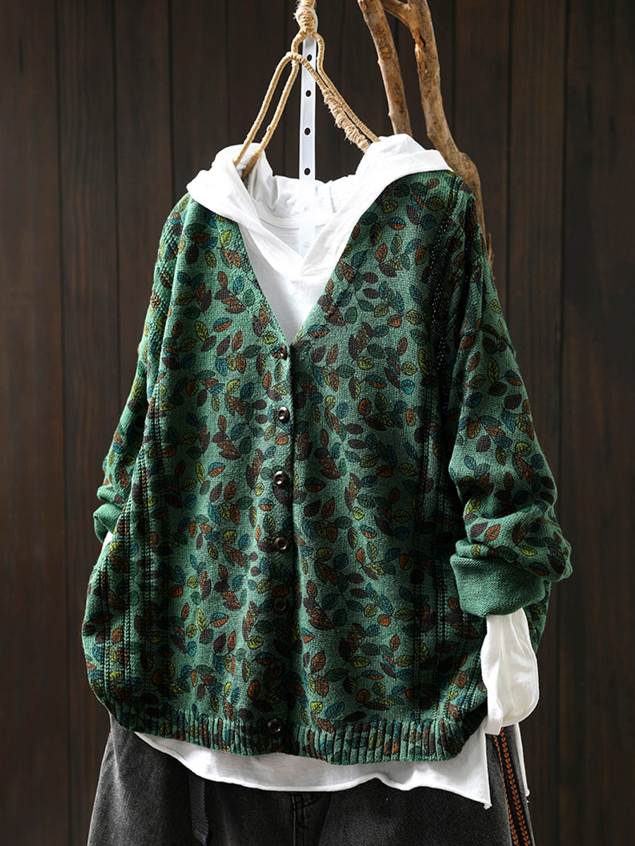 Women Autumn Leaf Knitted V-Neck Cardigan Sweater
