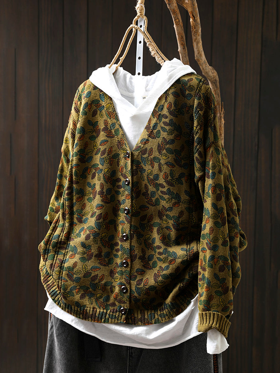 Women Autumn Leaf Knitted V-Neck Cardigan Sweater