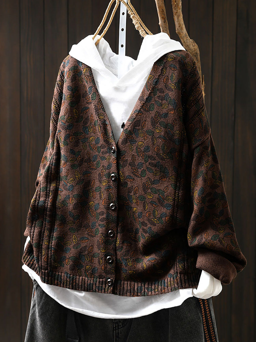 Women Autumn Leaf Knitted V-Neck Cardigan Sweater