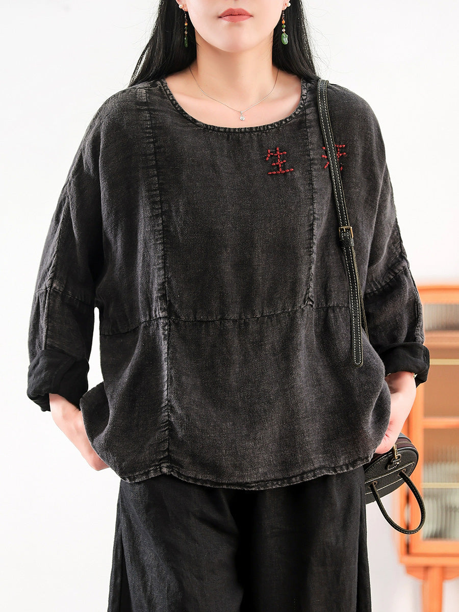 Women Summer Retro Embroidery O-Neck 100%Linen Shirt