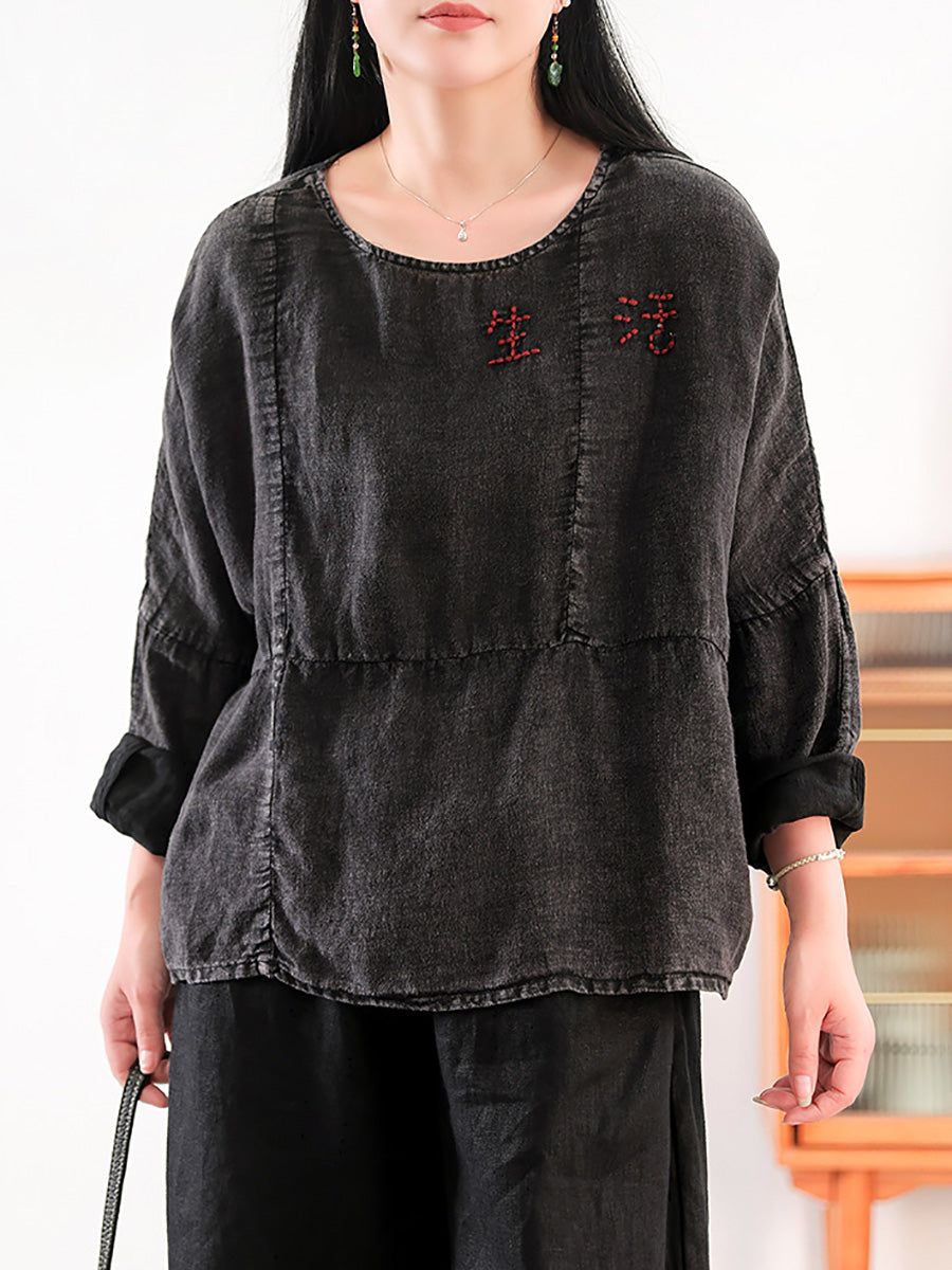 Women Summer Retro Embroidery O-Neck 100%Linen Shirt