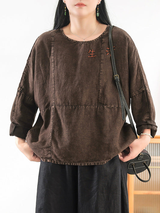 Women Summer Retro Embroidery O-Neck 100%Linen Shirt