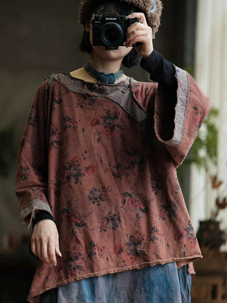 Women Autumn Retro Flower Spliced O-Neck Cotton Shirt