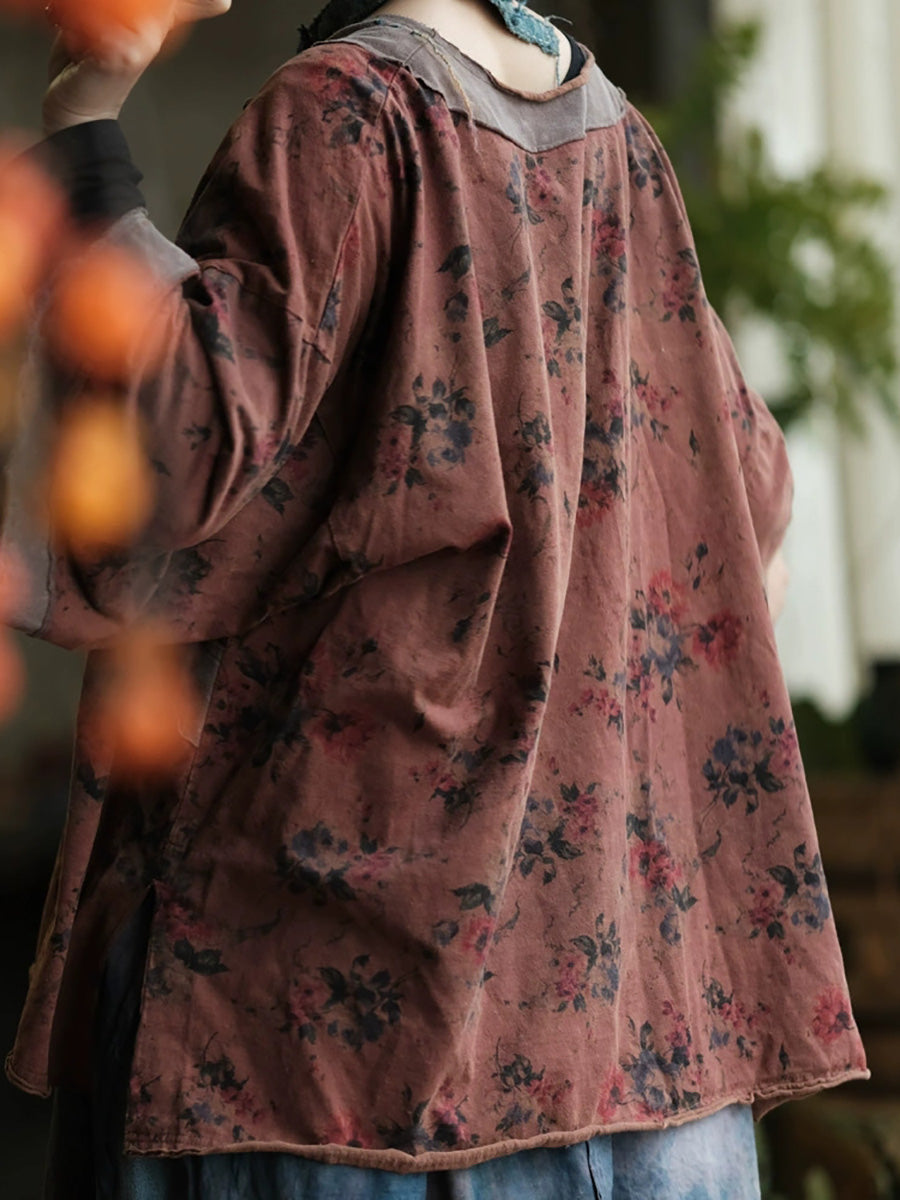 Women Autumn Retro Flower Spliced O-Neck Cotton Shirt