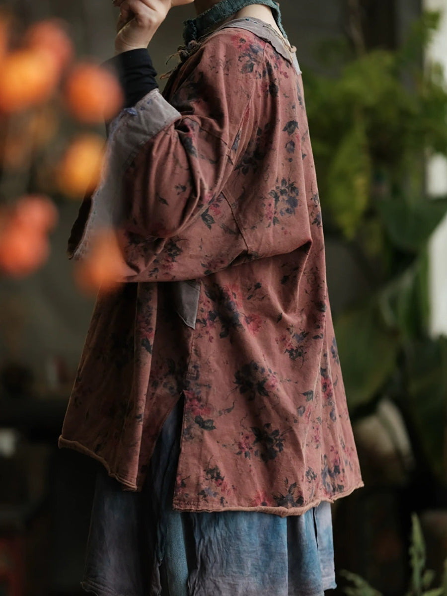 Women Autumn Retro Flower Spliced O-Neck Cotton Shirt