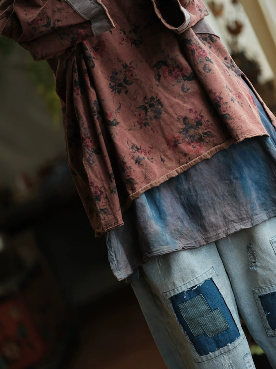 Women Autumn Retro Flower Spliced O-Neck Cotton Shirt