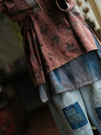 Women Autumn Retro Flower Spliced O-Neck Cotton Shirt