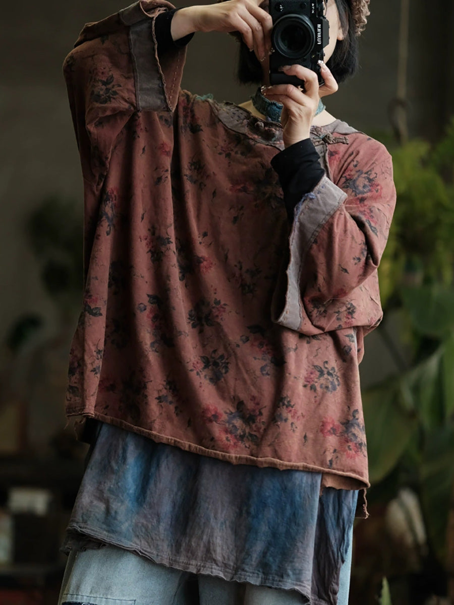 Women Autumn Retro Flower Spliced O-Neck Cotton Shirt