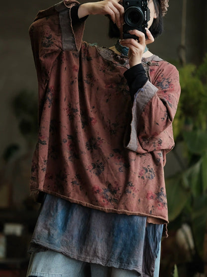 Women Autumn Retro Flower Spliced O-Neck Cotton Shirt