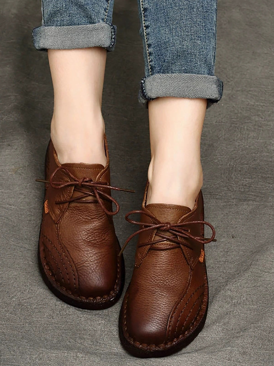 Women Summer Retro Genuine Leather Spliced Flat Shoes