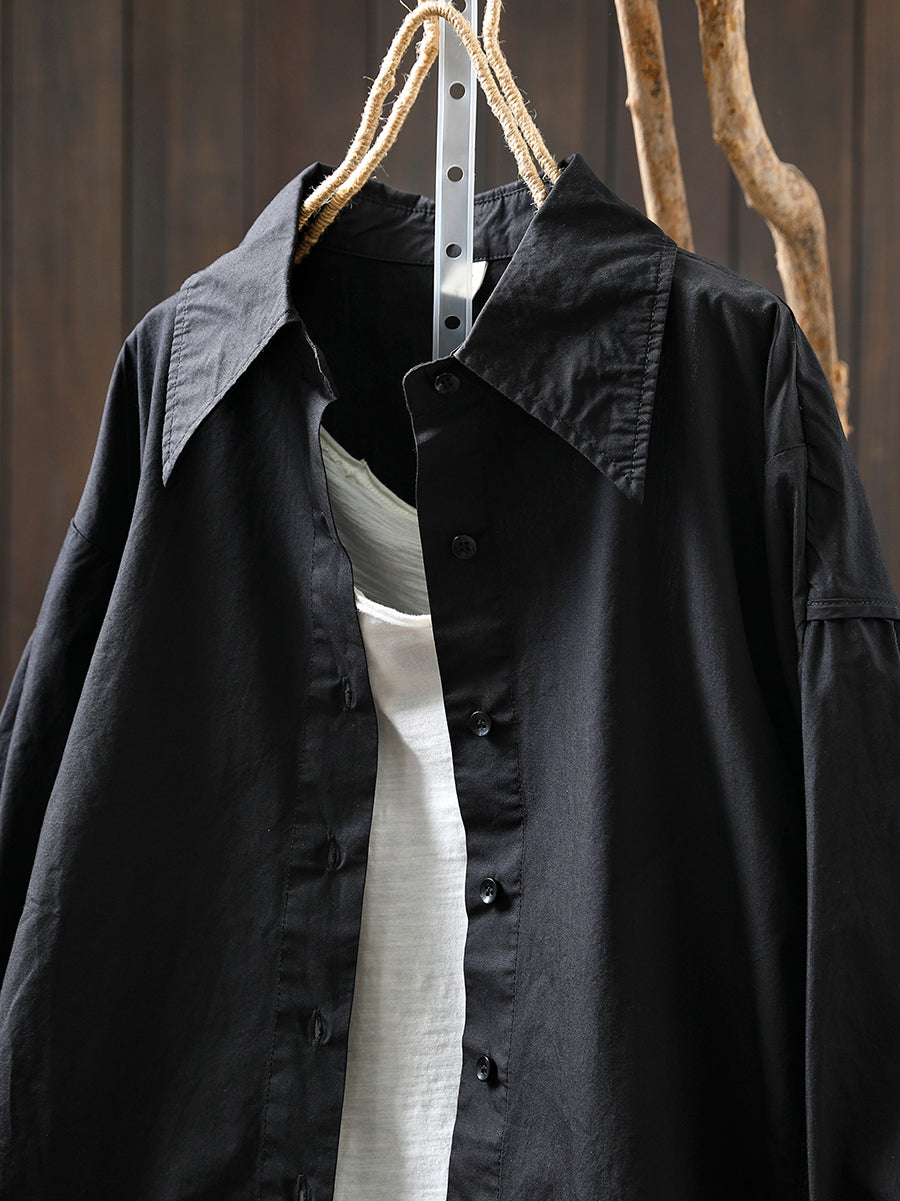 Women Autumn Pure Color Turn-down Collar 100%Cotton Shirt